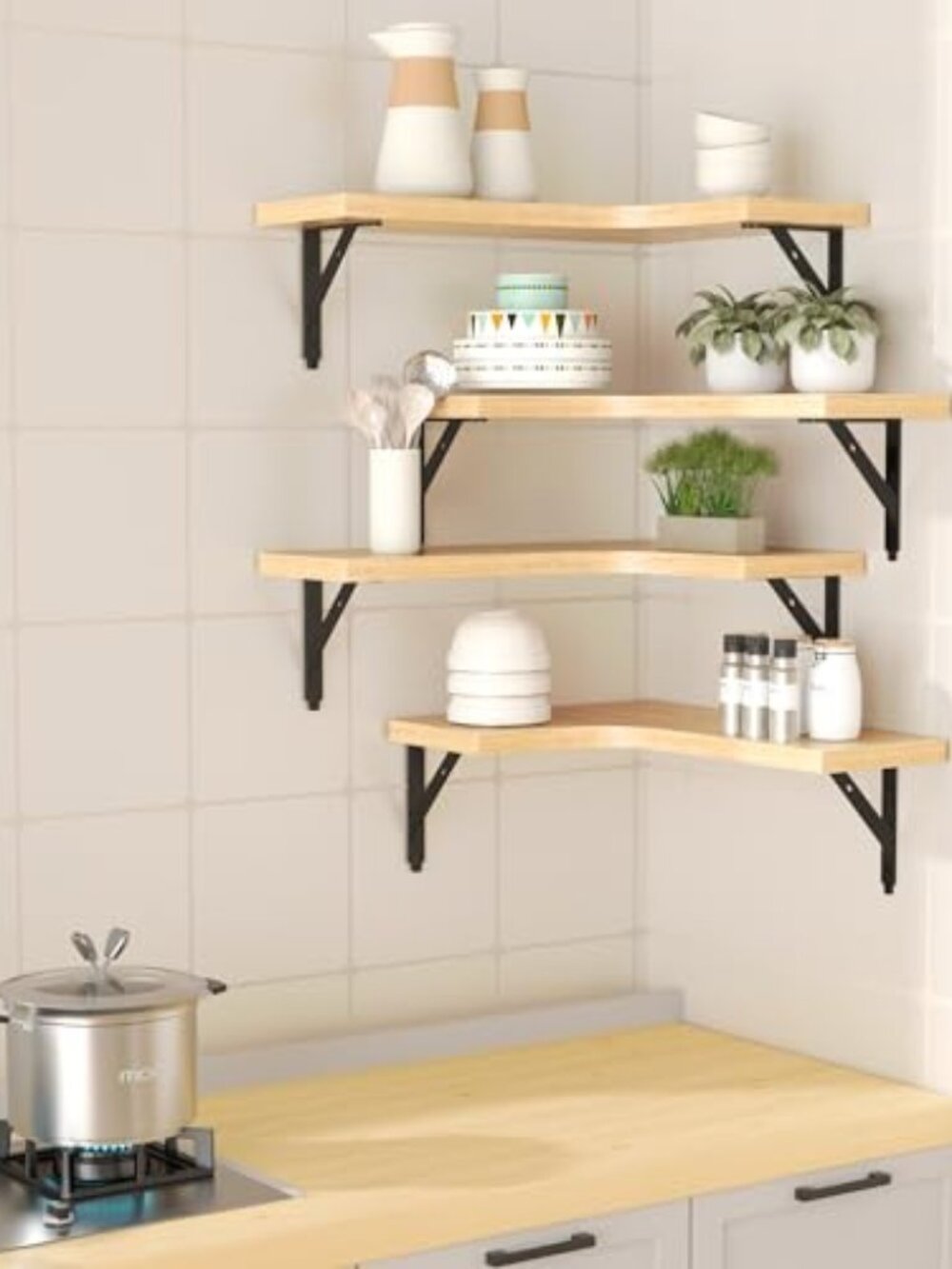 New Corner Floating Shelves Wall Mounted Set of 4, Rustic Wood Storage Display